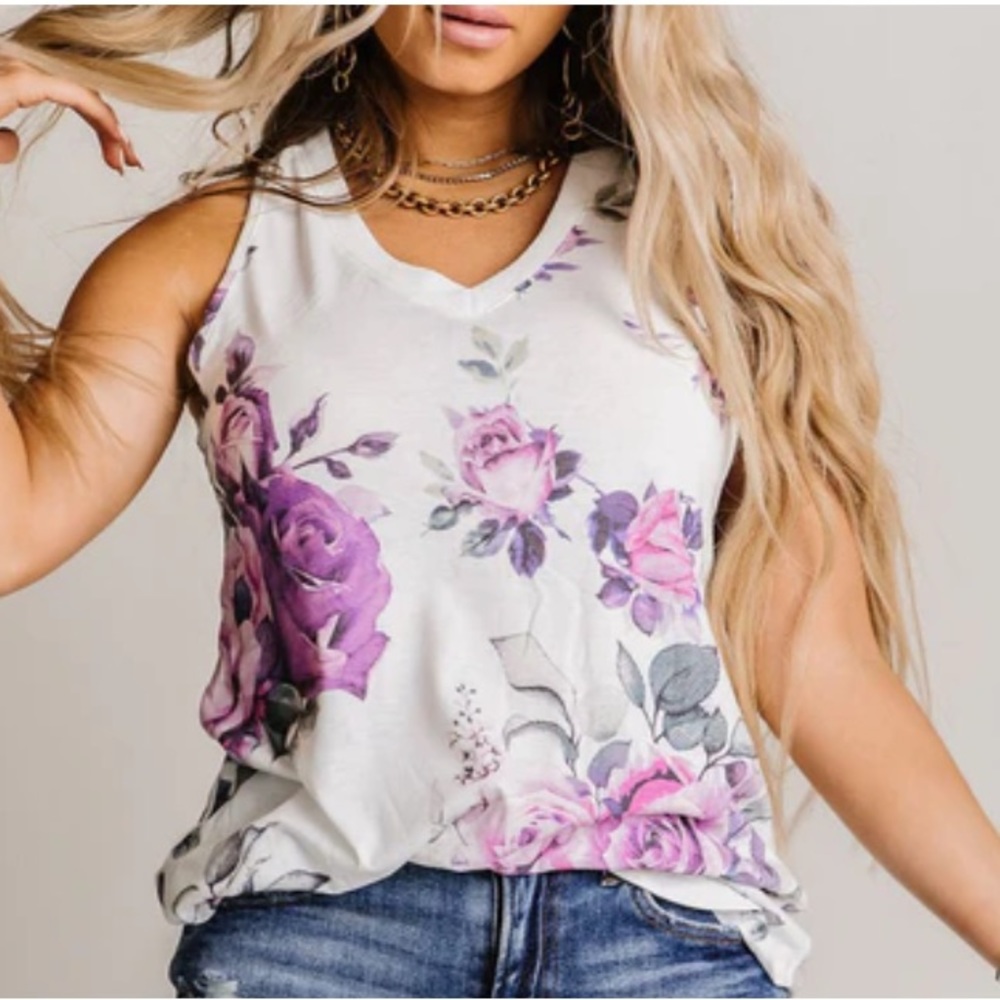 Nylon Apparel Floral V-Neck Tank - Size M, White/Purple Multi
